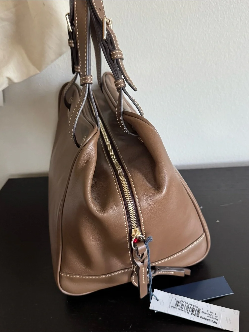 Dooney & Bourke Nubuck Leather Zip Grommet Satchel Bag Mushroom Minimalist
